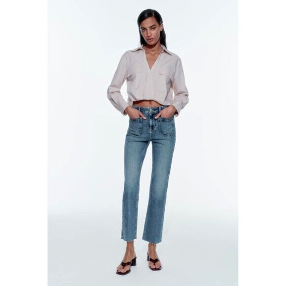 NWT Zara medium blue wash high rise flare leg ankle stretch denim jeans 12